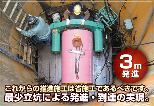3m発進。これからの推進施工は省施工であるべきです。最少立坑による発進・到達の実現。